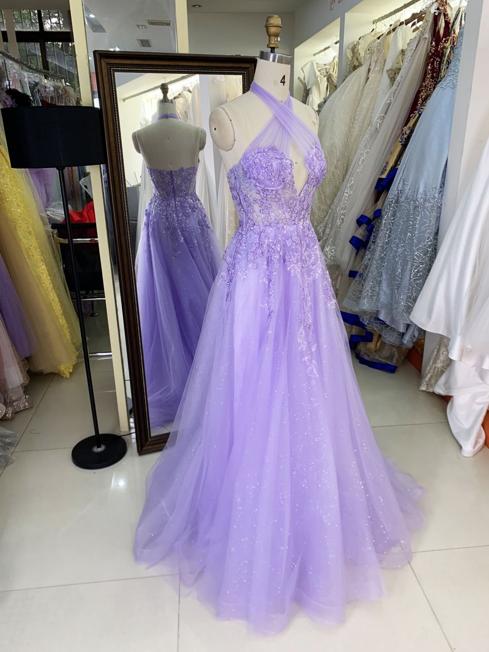 Lilac halter cross neck corset sleeveless 3D embroidery sparkle tulle zipper up back A line tulle formal princess prom dresses
