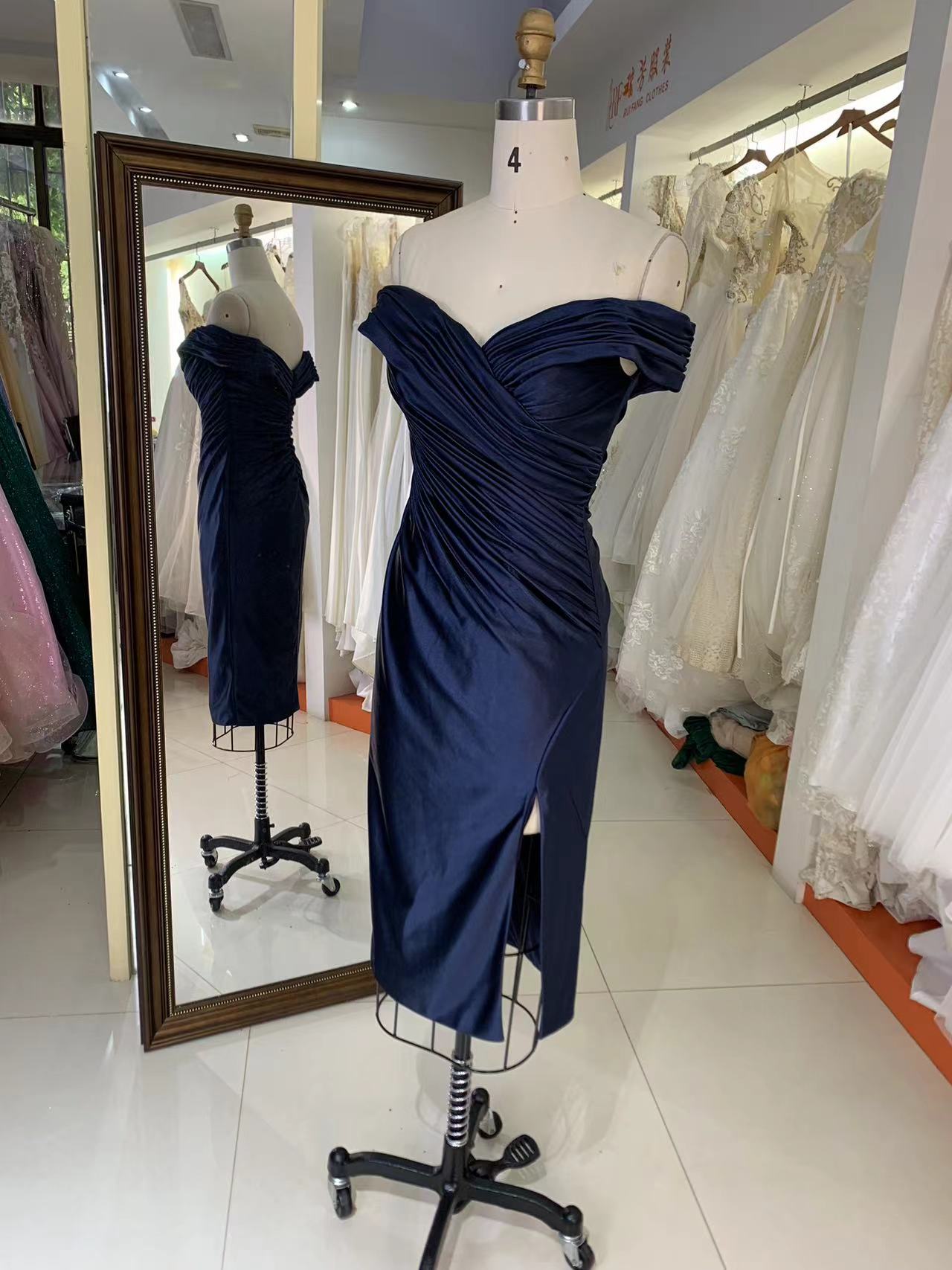 2025 New style elegant pleat off shoulder navy slim for ladies party homecoming dress for women