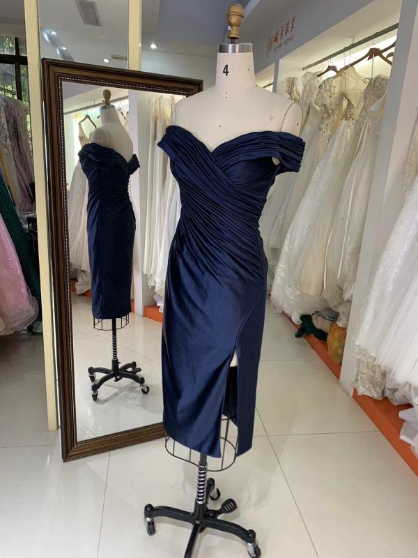 2025 New style elegant pleat off shoulder navy slim for ladies party homecoming dress for women