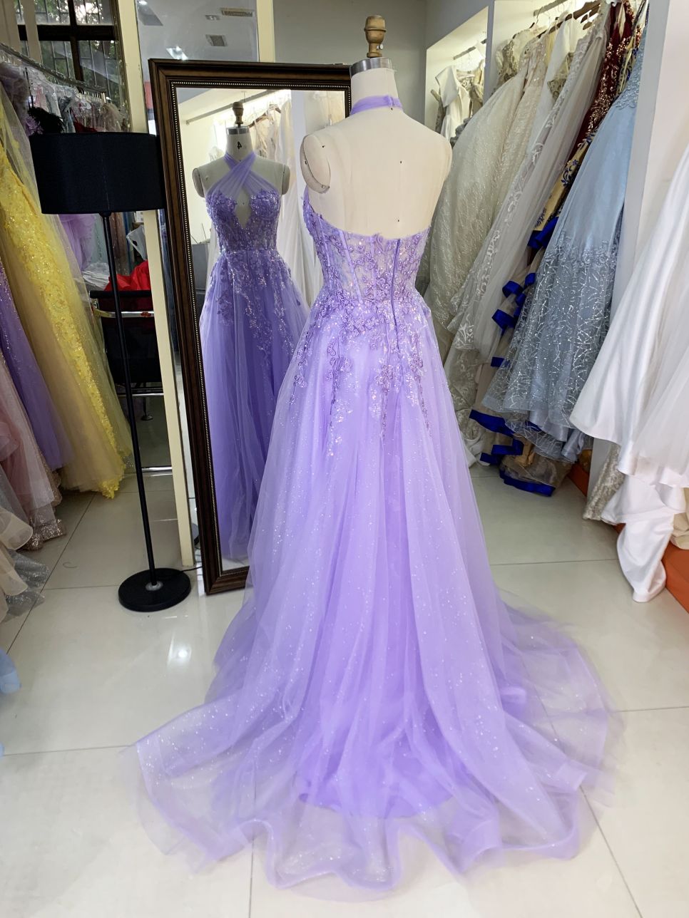Lilac halter cross neck corset sleeveless 3D embroidery sparkle tulle zipper up back A line tulle formal princess prom dresses