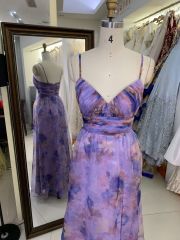 Flower strapless pleat printed organza purple wholesale long gowns evening prom dress for women 2025