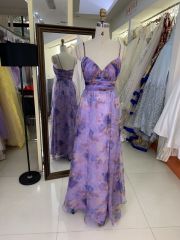 Flower strapless pleat printed organza purple wholesale long gowns evening prom dress for women 2025