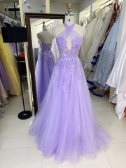 Lilac halter cross neck corset sleeveless 3D embroidery sparkle tulle zipper up back A line tulle formal princess prom dresses