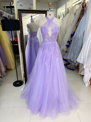 Lilac halter cross neck corset sleeveless 3D embroidery sparkle tulle zipper up back A line tulle formal princess prom dresses