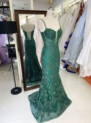 Women wholesale shiny v neck boning sparkly emerald green dress prom elegant long mermaid formal evening 2025