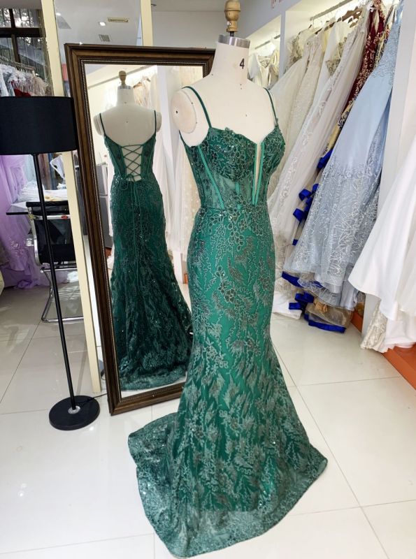 Women wholesale shiny v neck boning sparkly emerald green dress prom elegant long mermaid formal evening 2025