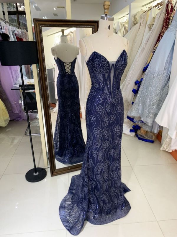 V-neck new boning navy embroidery luxurious lace up gown evening elegant prom dresses for women 2025