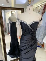 New elegant used silver beading tassel satin black wholesale long gowns evening prom dress 2025