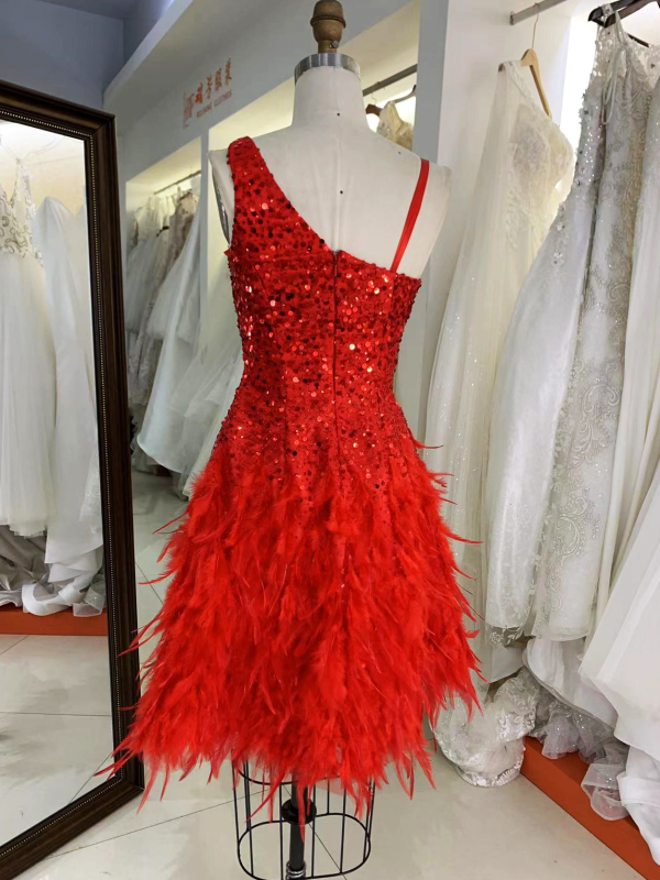 Red zipper up back one shoulder sequin feather A line homecoming short evening party dresses women