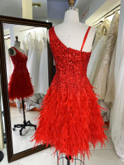Red zipper up back one shoulder sequin feather A line homecoming short evening party dresses women