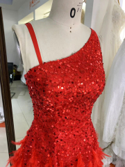 Red zipper up back one shoulder sequin feather A line homecoming short evening party dresses women