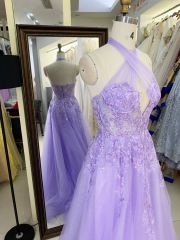 Lilac halter cross neck corset sleeveless 3D embroidery sparkle tulle zipper up back A line tulle formal princess prom dresses