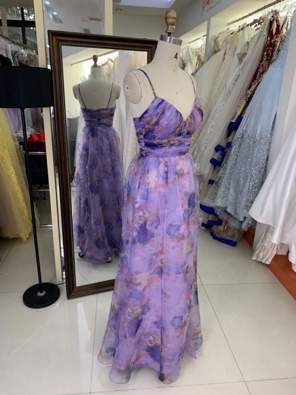 Flower strapless pleat printed organza purple wholesale long gowns evening prom dress for women 2025