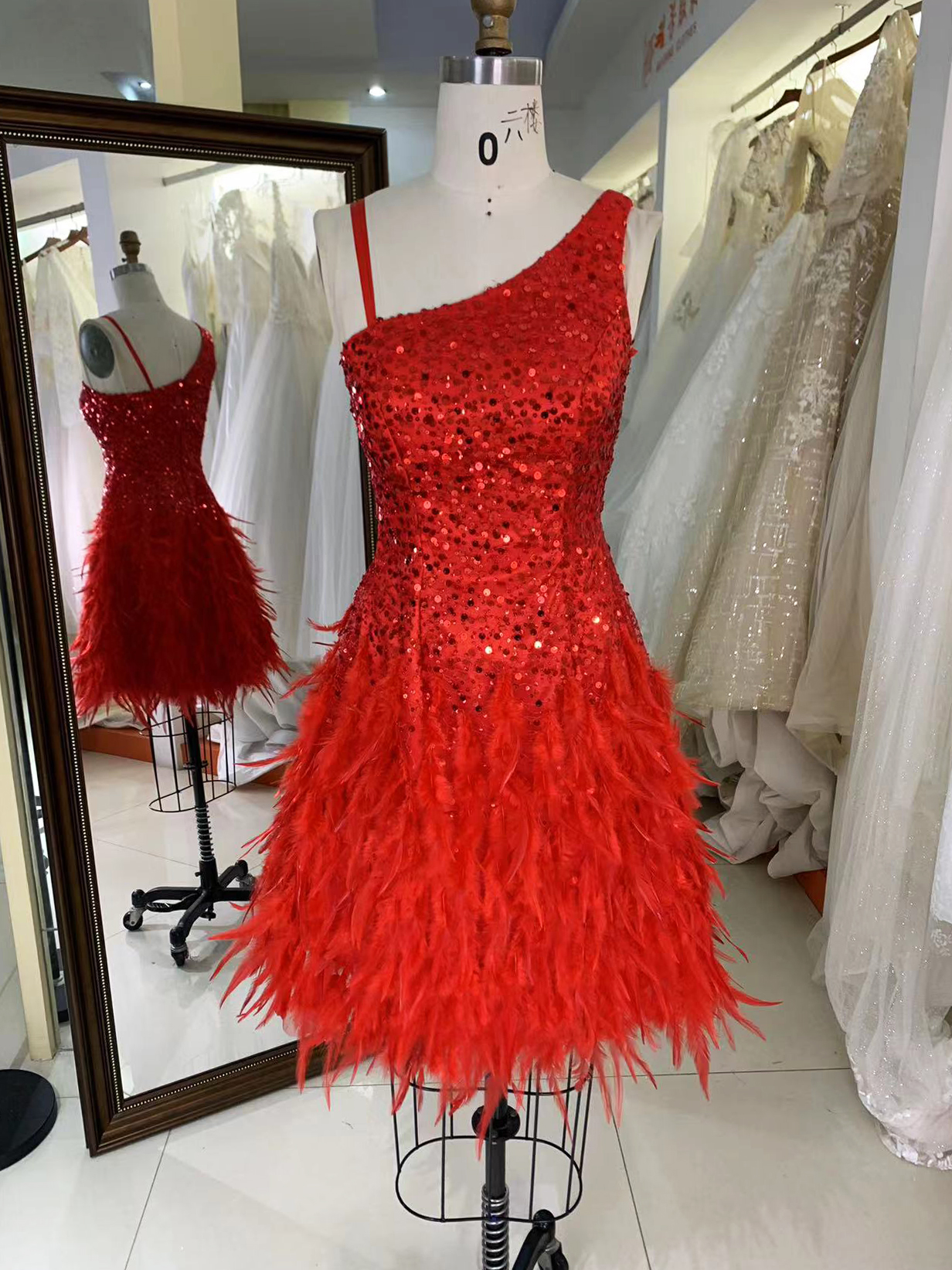 Red zipper up back one shoulder sequin feather A line homecoming short evening party dresses women
