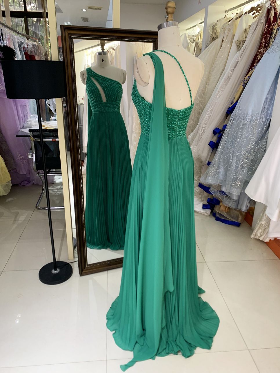 New one shoulder beading pleat chiffon wholesale green long gown evening dress for women prom 2025