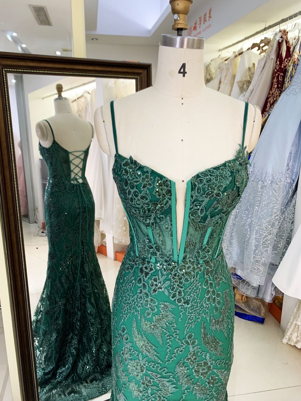 Women wholesale shiny v neck boning sparkly emerald green dress prom elegant long mermaid formal evening 2025