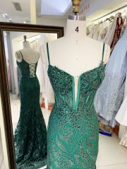 Women wholesale shiny v neck boning sparkly emerald green dress prom elegant long mermaid formal evening 2025