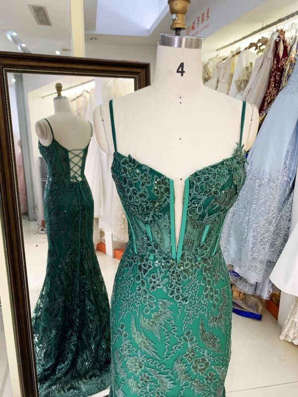 Women wholesale shiny v neck boning sparkly emerald green dress prom elegant long mermaid formal evening 2025