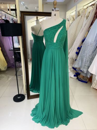 New one shoulder beading pleat chiffon wholesale green long gown evening dress for women prom 2025