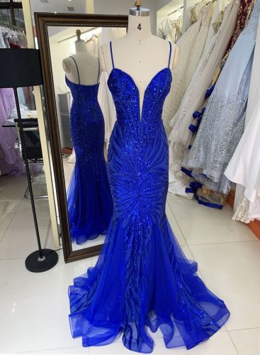 Women wholesale sequin royal blue slim V-neck plus size sparkly evening night prom dresses for girl 2025