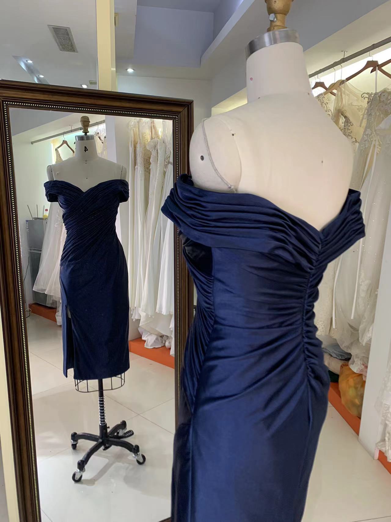 2025 New style elegant pleat off shoulder navy slim for ladies party homecoming dress for women