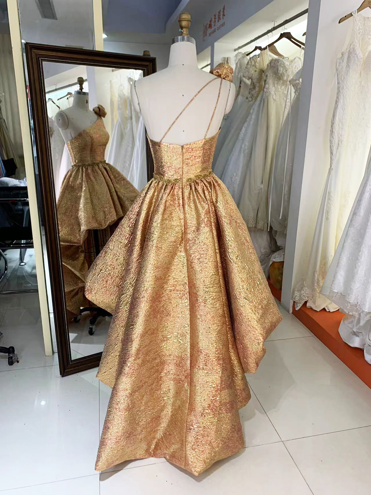 2025 New fashion design jacquard 3D flower ruffle skirt one shoulder party dress high-low princess evening dress
