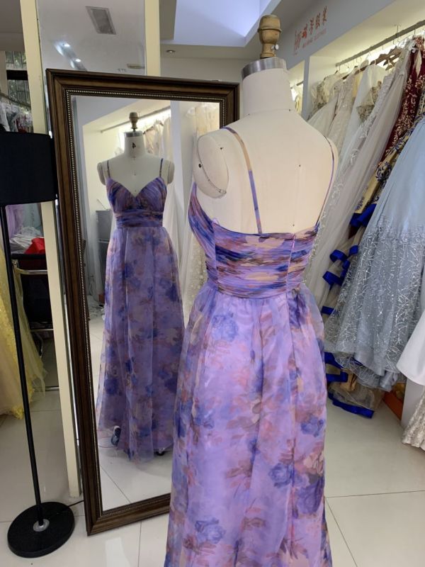 Flower strapless pleat printed organza purple wholesale long gowns evening prom dress for women 2025