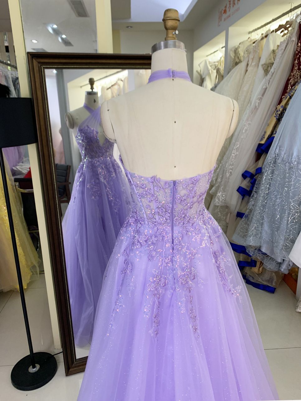 Lilac halter cross neck corset sleeveless 3D embroidery sparkle tulle zipper up back A line tulle formal princess prom dresses
