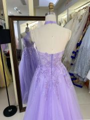 Lilac halter cross neck corset sleeveless 3D embroidery sparkle tulle zipper up back A line tulle formal princess prom dresses