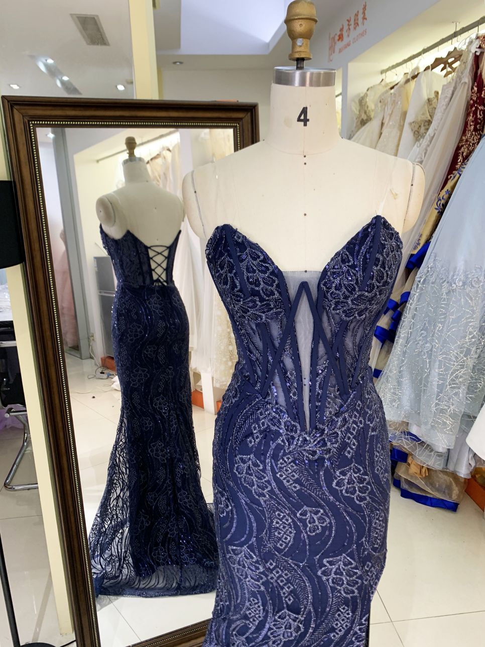 V-neck new boning navy embroidery luxurious lace up gown evening elegant prom dresses for women 2025