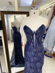 V-neck new boning navy embroidery luxurious lace up gown evening elegant prom dresses for women 2025