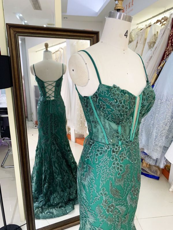 Women wholesale shiny v neck boning sparkly emerald green dress prom elegant long mermaid formal evening 2025