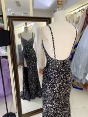 2025 New style elegant V-neck sequins contrast color zipper back women's evening dress slim left leg slit dress