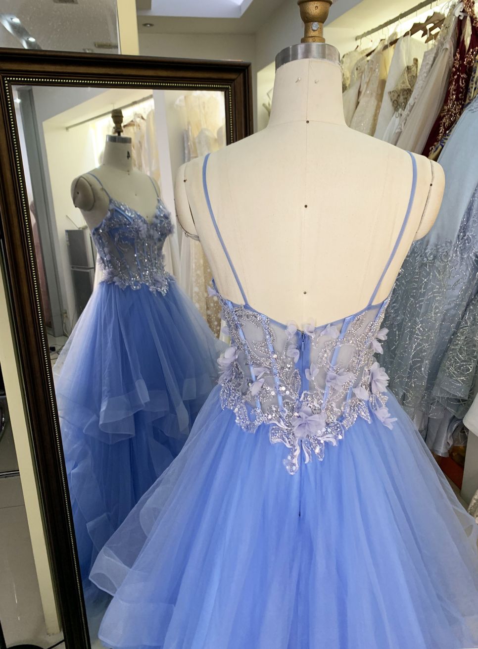 2025 Latest custom blue sexy ruffle mermaid evening dress embroidered 3D flower lace new design prom dress