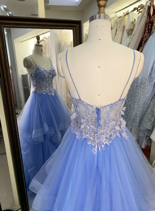 2025 Latest custom blue sexy ruffle mermaid evening dress embroidered 3D flower lace new design prom dress