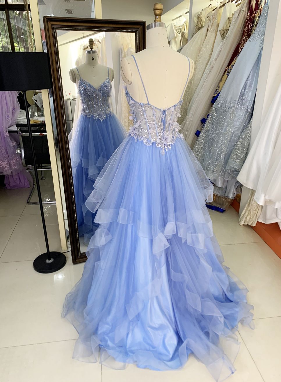 2025 Latest custom blue sexy ruffle mermaid evening dress embroidered 3D flower lace new design prom dress