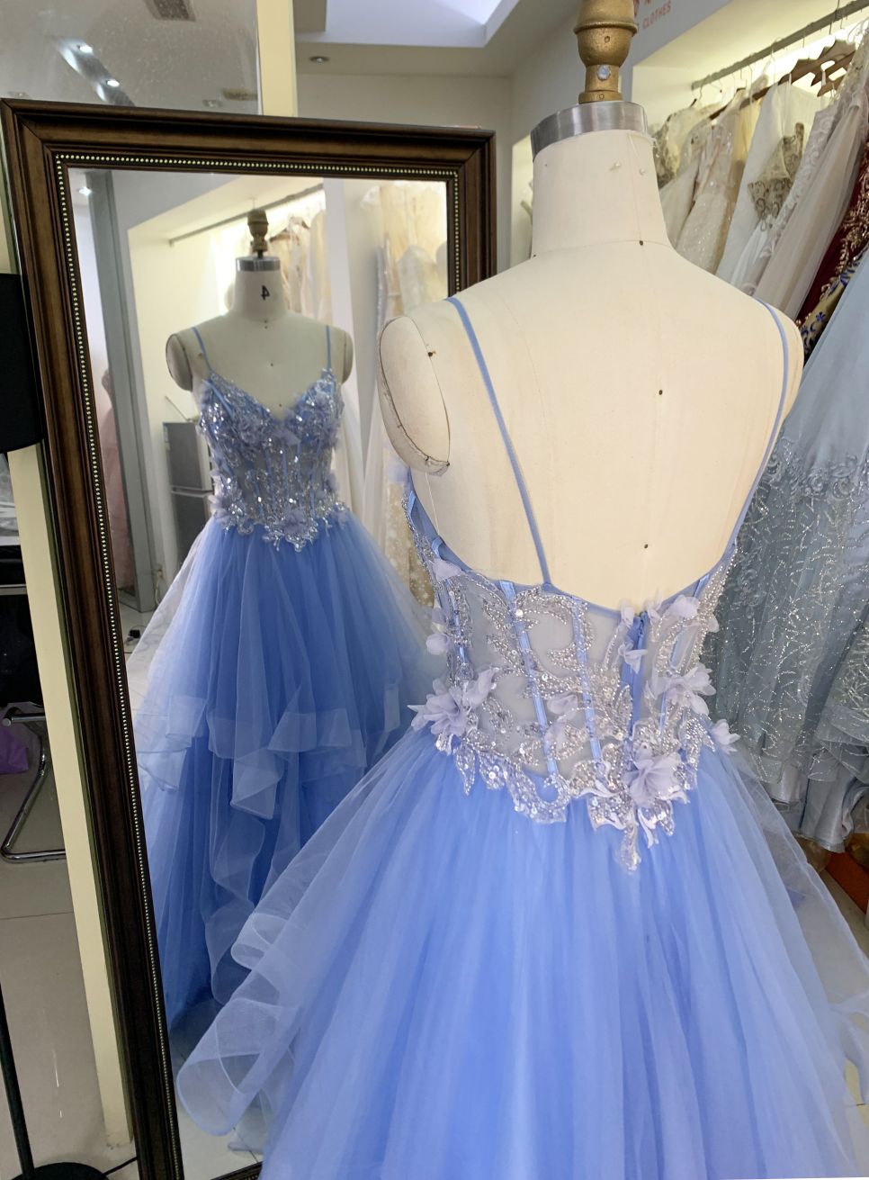 2025 Latest custom blue sexy ruffle mermaid evening dress embroidered 3D flower lace new design prom dress