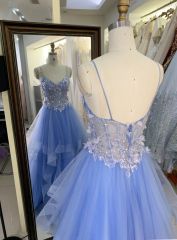 2025 Latest custom blue sexy ruffle mermaid evening dress embroidered 3D flower lace new design prom dress