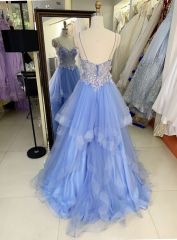2025 Latest custom blue sexy ruffle mermaid evening dress embroidered 3D flower lace new design prom dress