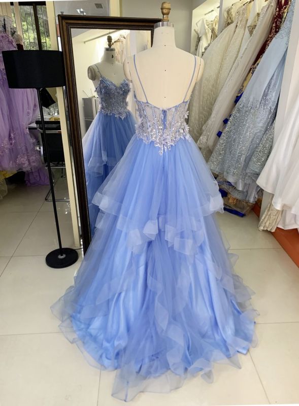 2025 Latest custom blue sexy ruffle mermaid evening dress embroidered 3D flower lace new design prom dress