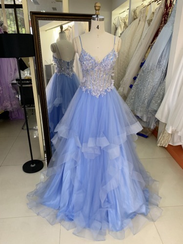 2025 Latest custom blue sexy ruffle mermaid evening dress embroidered 3D flower lace new design prom dress