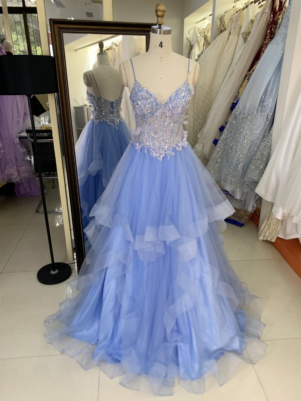 2025 Latest custom blue sexy ruffle mermaid evening dress embroidered 3D flower lace new design prom dress