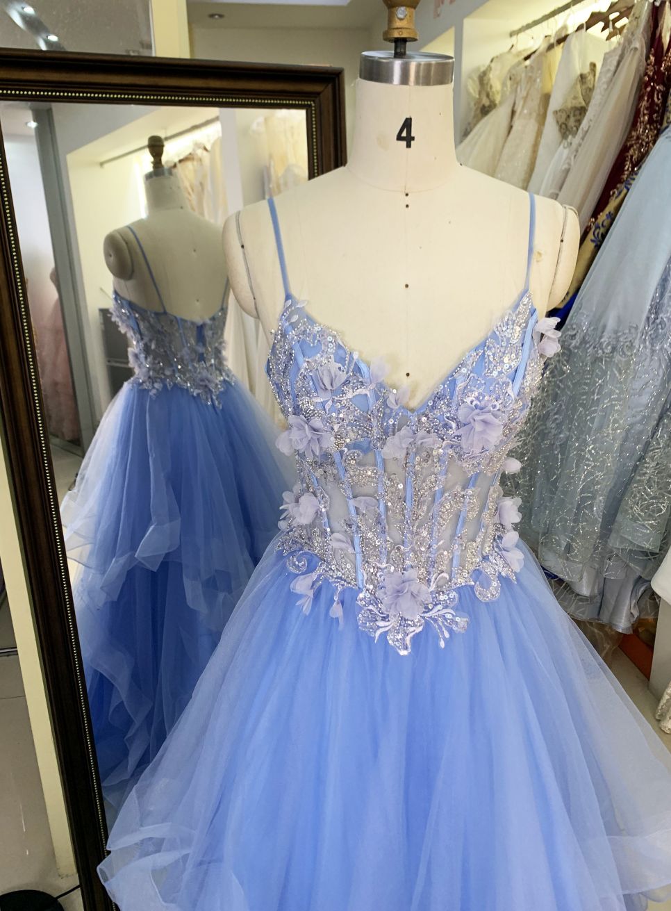 2025 Latest custom blue sexy ruffle mermaid evening dress embroidered 3D flower lace new design prom dress
