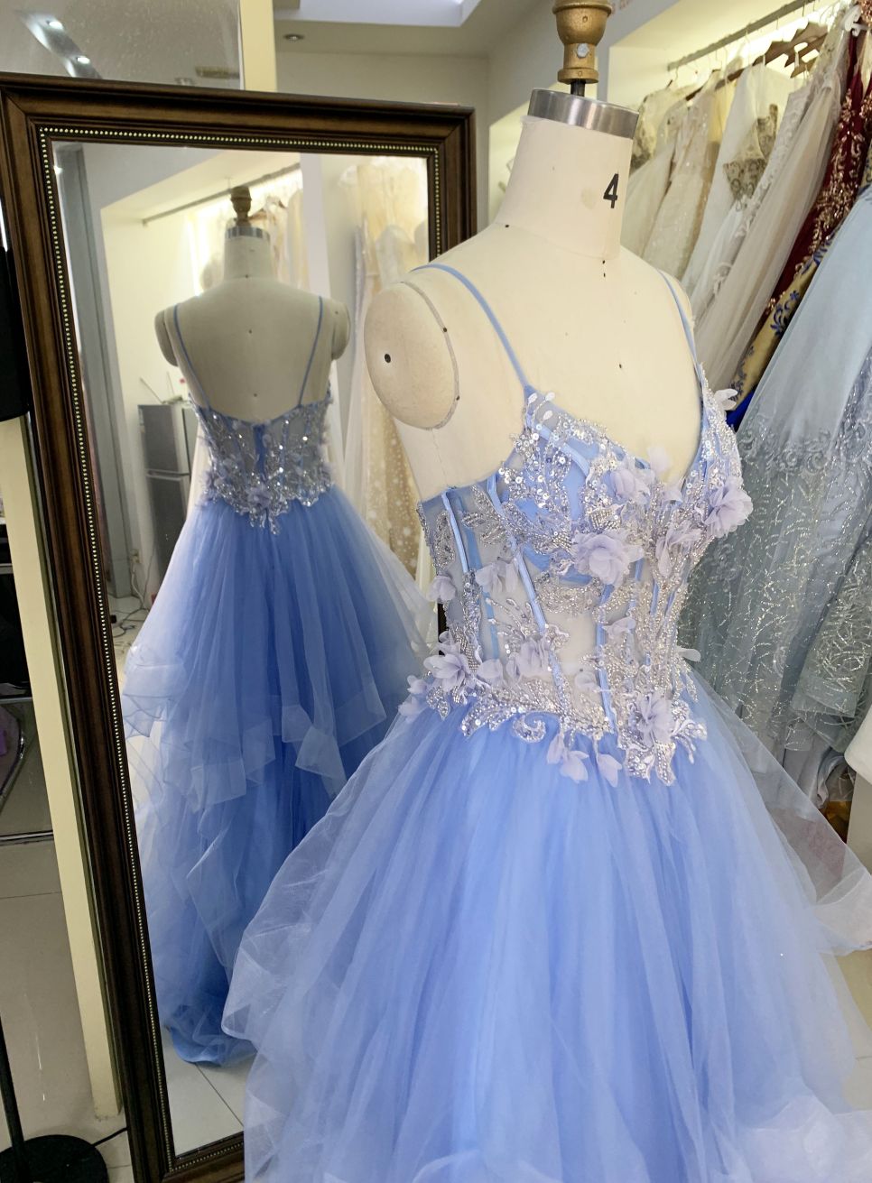 2025 Latest custom blue sexy ruffle mermaid evening dress embroidered 3D flower lace new design prom dress