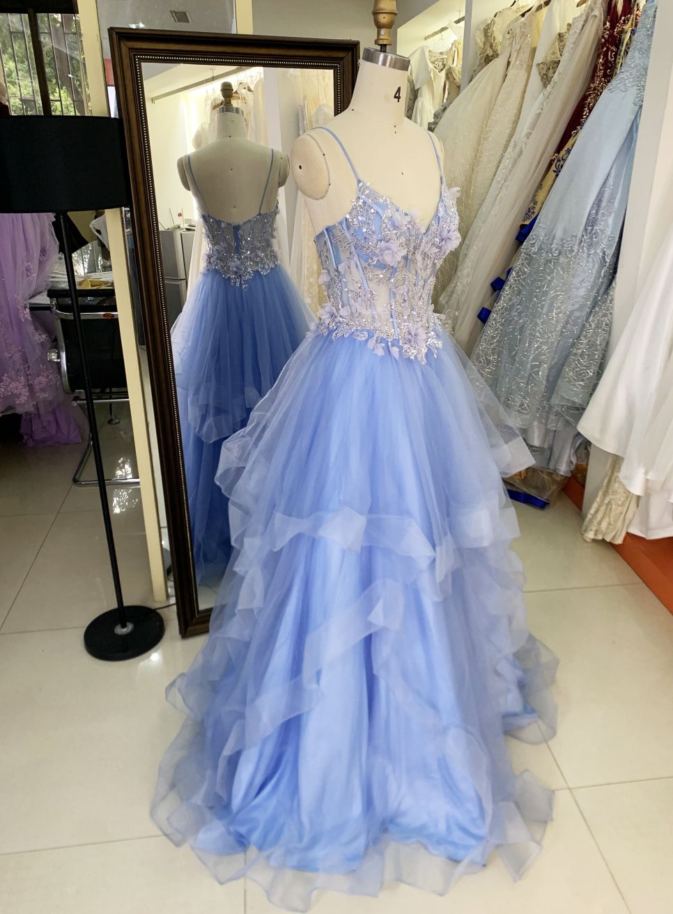 2025 Latest custom blue sexy ruffle mermaid evening dress embroidered 3D flower lace new design prom dress