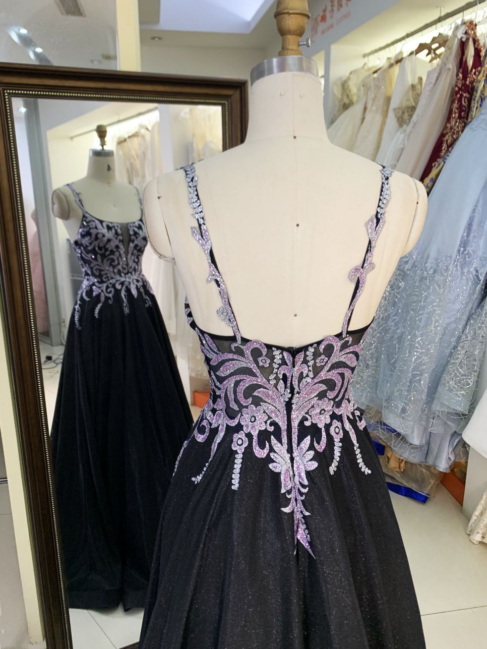 2025 Latest costom elegant sequins contrast color A-Line skirt zipper back new design women's evening dress