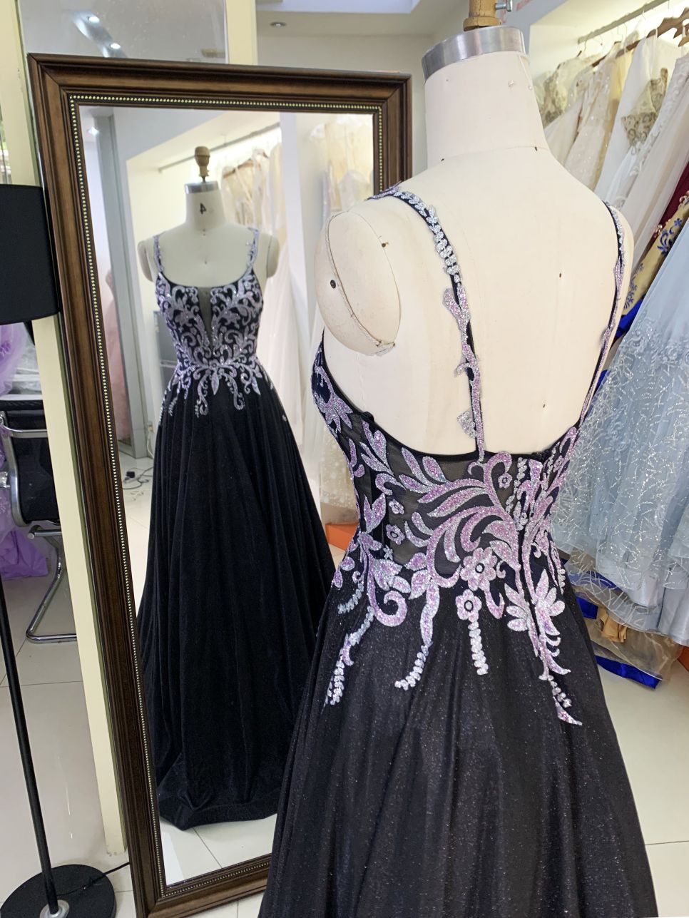 2025 Latest costom elegant sequins contrast color A-Line skirt zipper back new design women's evening dress