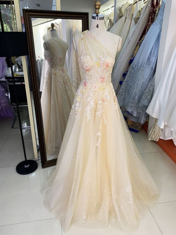 2025 New style elegant contrast color one shoulder A-Line skirt zipper back boning design women's evening dress