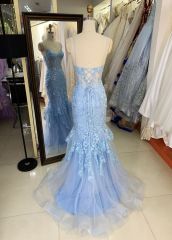 2025 Latest custom sky blue sexy mermaid evening dress embroidered flower lace boning design prom dress