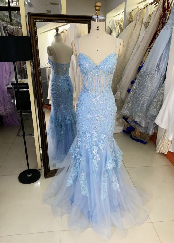 2025 Latest custom sky blue sexy mermaid evening dress embroidered flower lace boning design prom dress